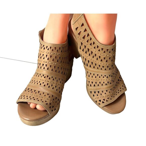 Sofft Tan Leather Block Heeled Cutout Sandals Womens Sz 9 M Sling Back Peep Toe - Picture 2 of 11